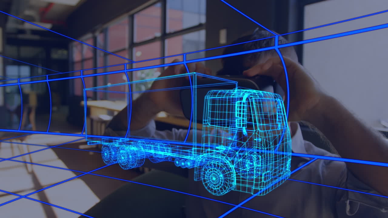 animación de dibujo 3d digital de un coche sobre un hombre usando auriculares vr