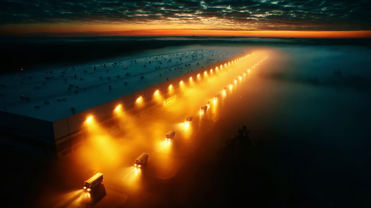 Illuminated Warehouse at Dawn: A Stunning Aerial View of Trucks Illuminated by Soft Orange Lights Against a Backdrop of Misty Fog and a Beautiful Sunrise Sky