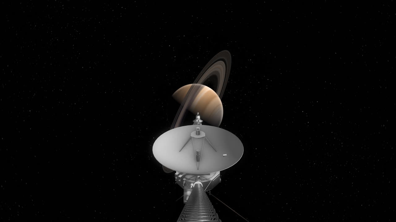 voyager 1 actioncam style shot en dirección al planeta saturno con anillos en gira a través del sistema solar para recopilar fotos y datos científicos 4k