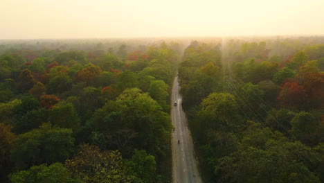 Nepal-mesmerizing-landscapes-during-the-golden-hour-with-stunning-4K-drone-shot,-revealing-lush-forests,-scenic-roads,-and-vibrant-tree-hues