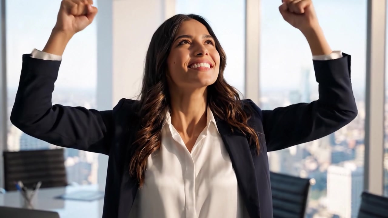 Un Profesional de Negocios Seguro Celebrando el Éxito en una Oficina Moderna con Vistas al Horizonte de la Ciudad