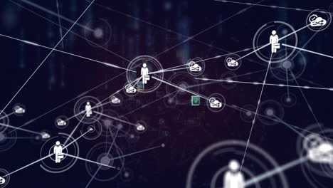 animation of network of profile icons and globe of digital icon over light trails on blue background