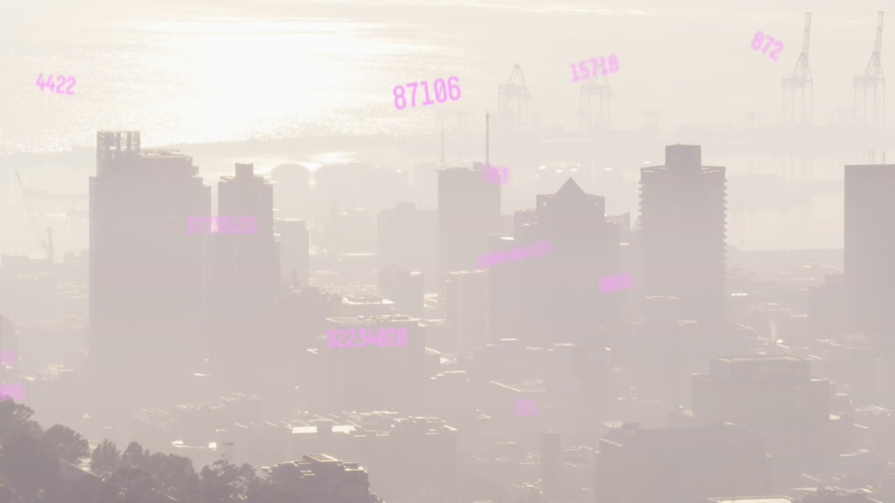 도시 풍경 위의 숫자 애니메이션과 데이터 처리