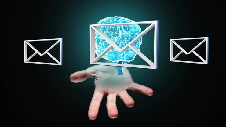 Right hand emerging lower center, presenting brain while envelope hovering, showing email tech