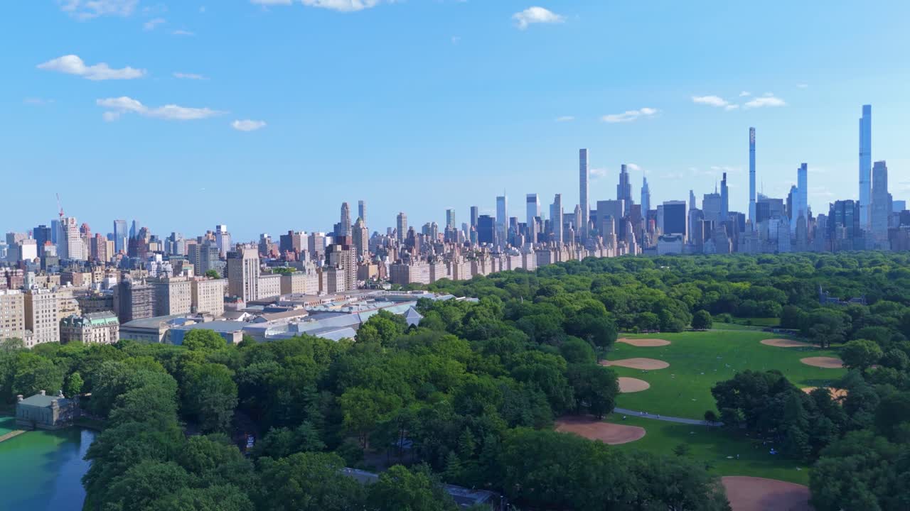 Aerial over central park in New York with famous nyc skyline and skyscrapers