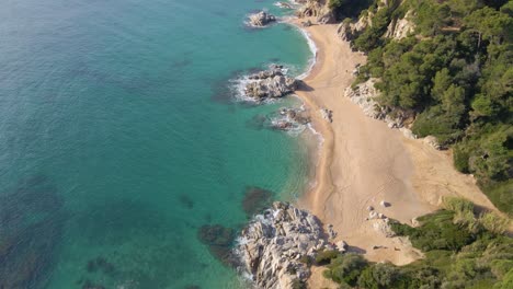 Mediterranean-Beach-Paradisiaca-Turquoise-Blue-Waters-No-People-Aerial-View-Drone-Spain-Catalunya-Costa-Brava-Blanes-Lloret-De-Mar-Mallorca-Balearic-Islands