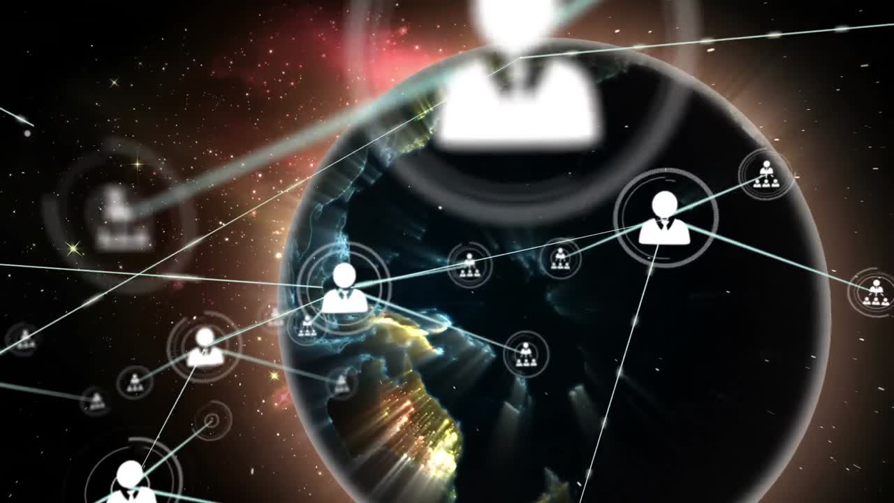 우주에서 렌즈 플레어에 대항하여 회전하는 지구 위의 선으로 연결된 아이콘의 애니메이션