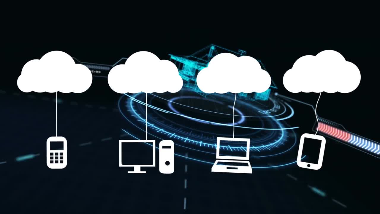 Animation of clouds with icons over digital model of house