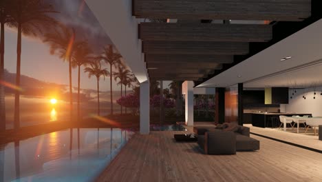 4k video of modern house in luxurious style by the sea or ocean on sunset