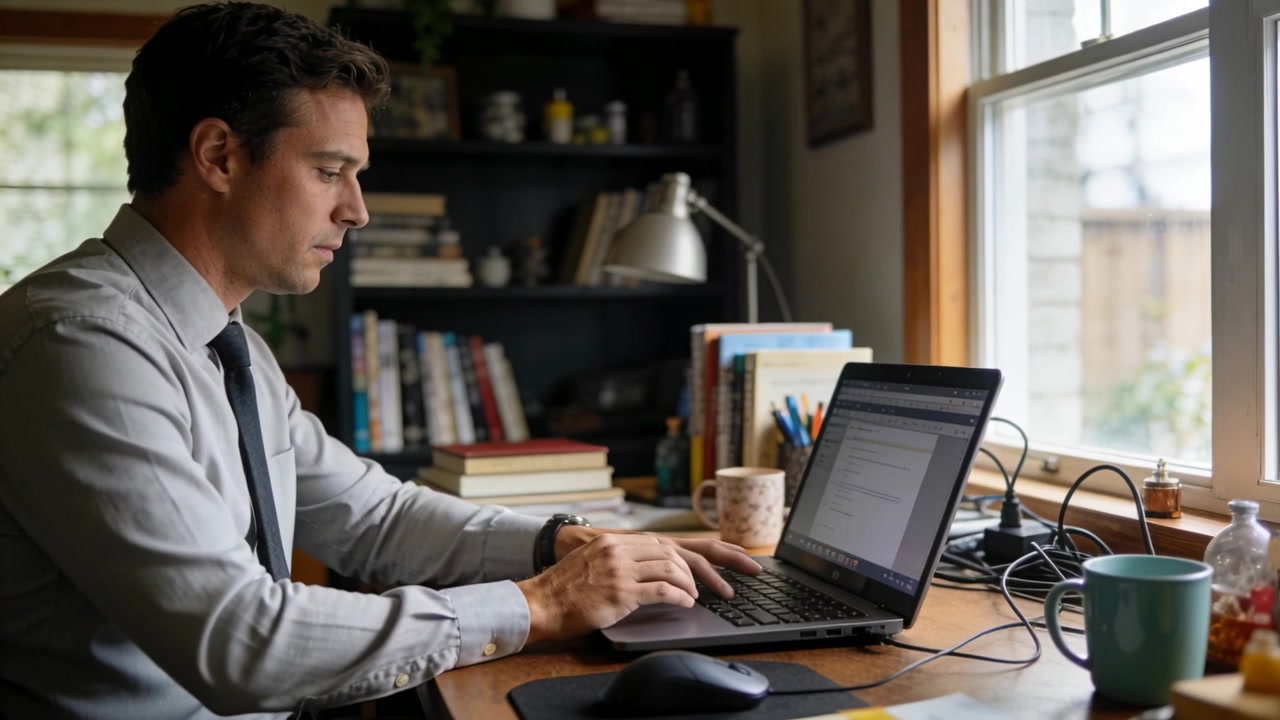 Digita sul laptop, uomo in camicia elegante e cravatta che alterna tastiera e mouse per finire il lavoro