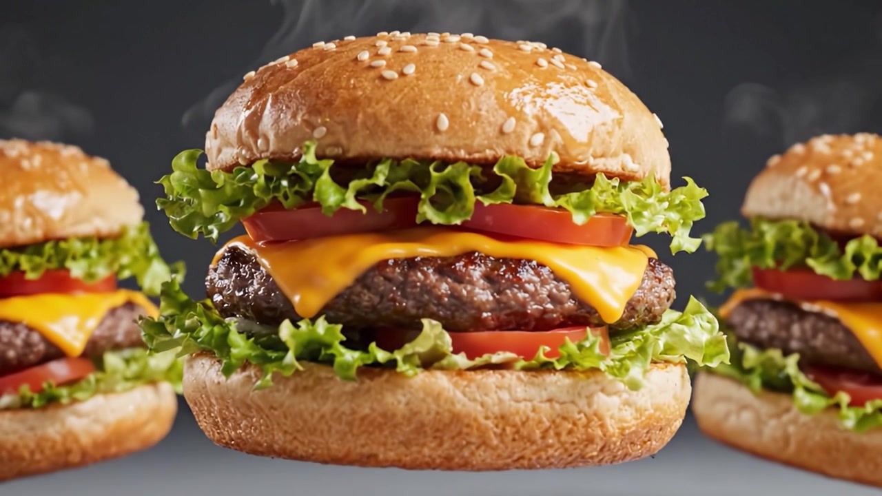 Tre cheeseburger deliziosamente stratificati sospesi a mezz'aria, con succulenti hamburger di manzo, formaggio fuso, verdure fresche e panini tostati con semi di sesamo