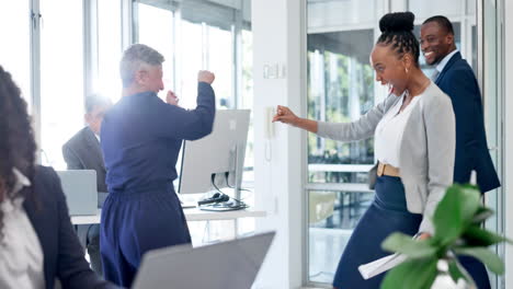 business people, dancing and celebration in office