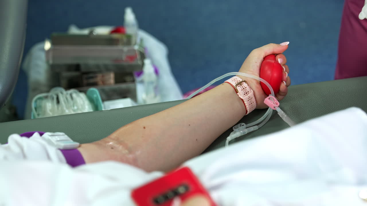 Female donor squeezing a red rubber heart to make blood flow faster. Medic at backdrop is getting ready to take blood.