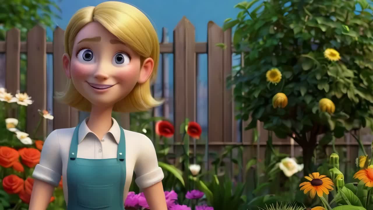 Una mujer con un delantal azul está de pie en un jardín con una sonrisa en la cara.