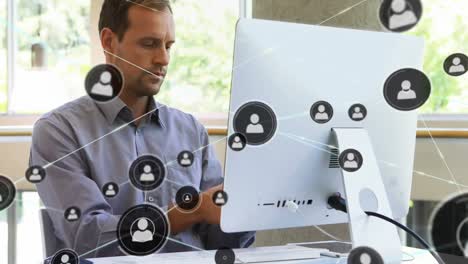 animación de la red de conexiones con iconos sobre el hombre de negocios que usa un teléfono inteligente