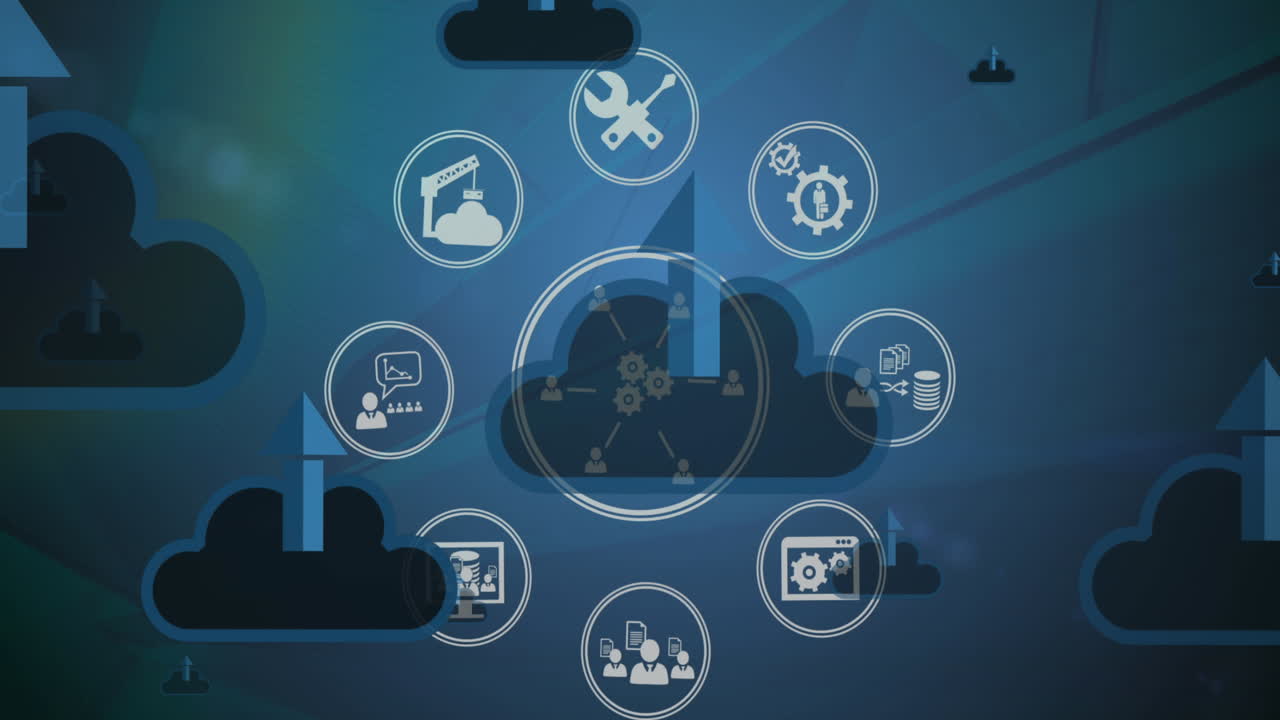 Animation of cloud and arrows over digital icons spinning on blue background