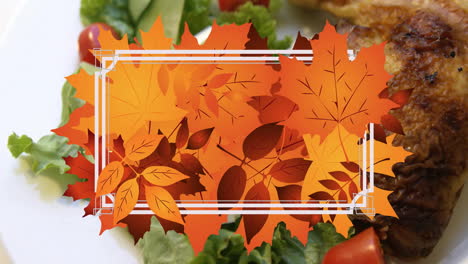 animation of frame with fall leaves over meat with salad