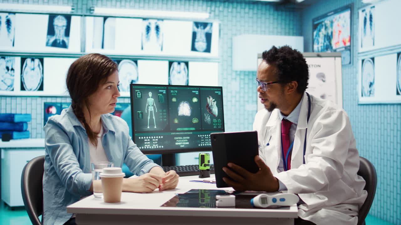 African american medic presenting the diagnostic reports to a female patient