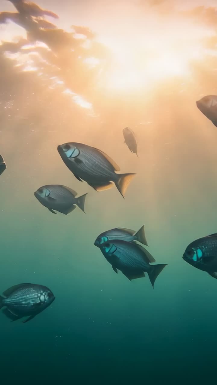 Video verticale: raggi di luce che si spostano, branco di pesci che si muove verso l'alto sotto un mare illuminato dal sole con particelle