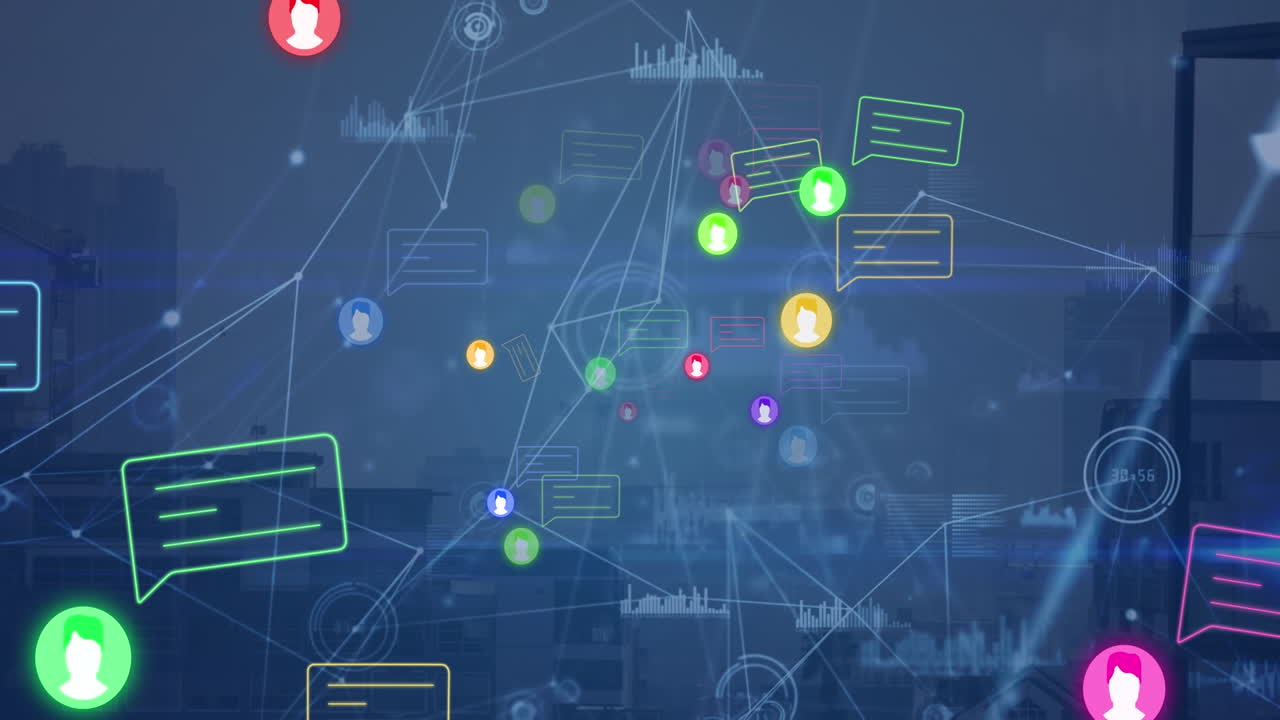 Animation of network of connections and social media icons over cityscape