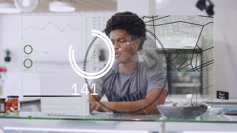 animación de procesamiento de datos financieros sobre un camarero biracial usando una computadora portátil en una cafetería