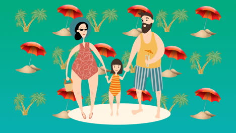 animation of happy family at beach on green background