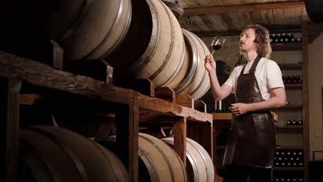 hombre adulto viticultor en la bodega comprobando la calidad del vidrio mientras está de pie entre los barriles en la adega controlando el proceso de elaboración del vino - personas reales concepto de elaboración de vino tradicional e industrial