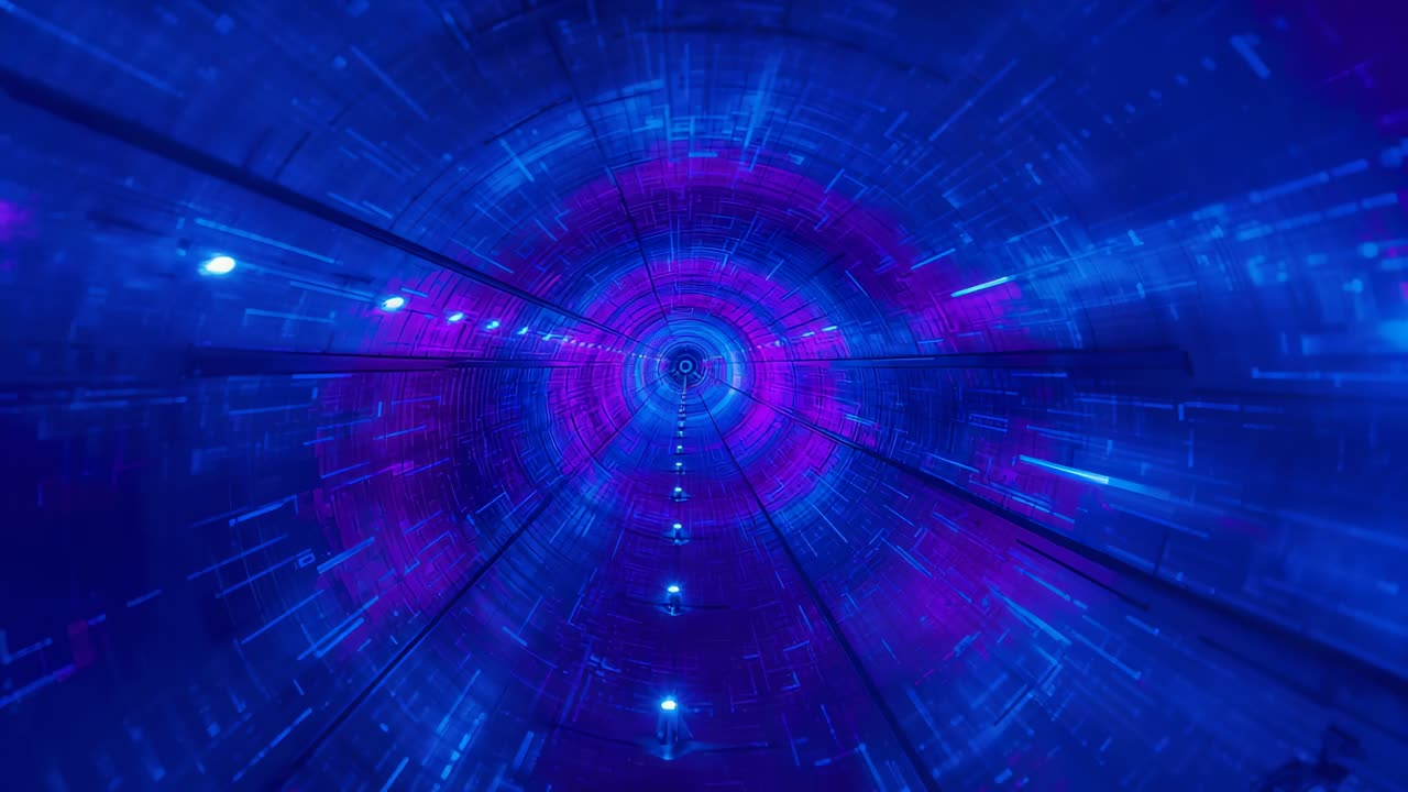 Playback starting camera moving inside neon tunnel toward target, with rings and spheres