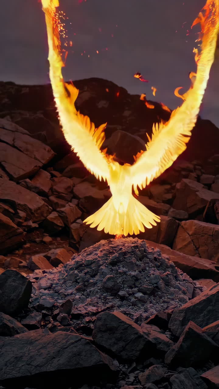 Nighttime Mountain Landscape with Fire and Mythical Creature