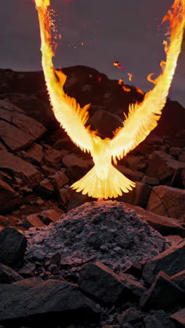 nighttime mountain landscape with fire and mythical creature