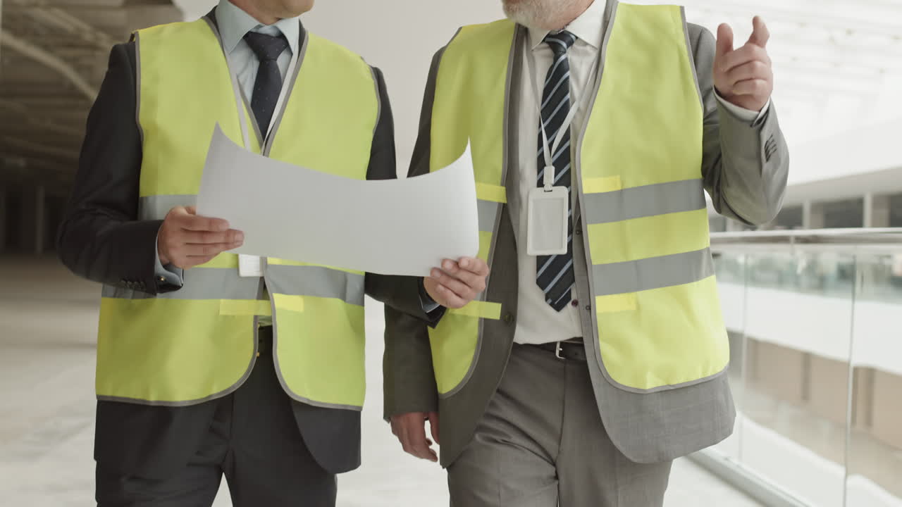 Unrecognizable Construction Workers Walking Holding Paper