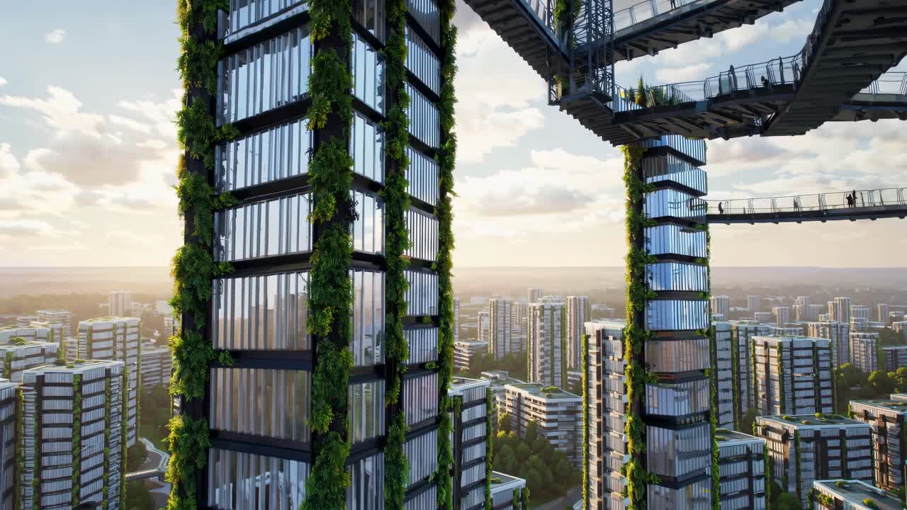 Paisagem urbana futurista com jardins verticais em arranha-céus, capturada de um ângulo baixo