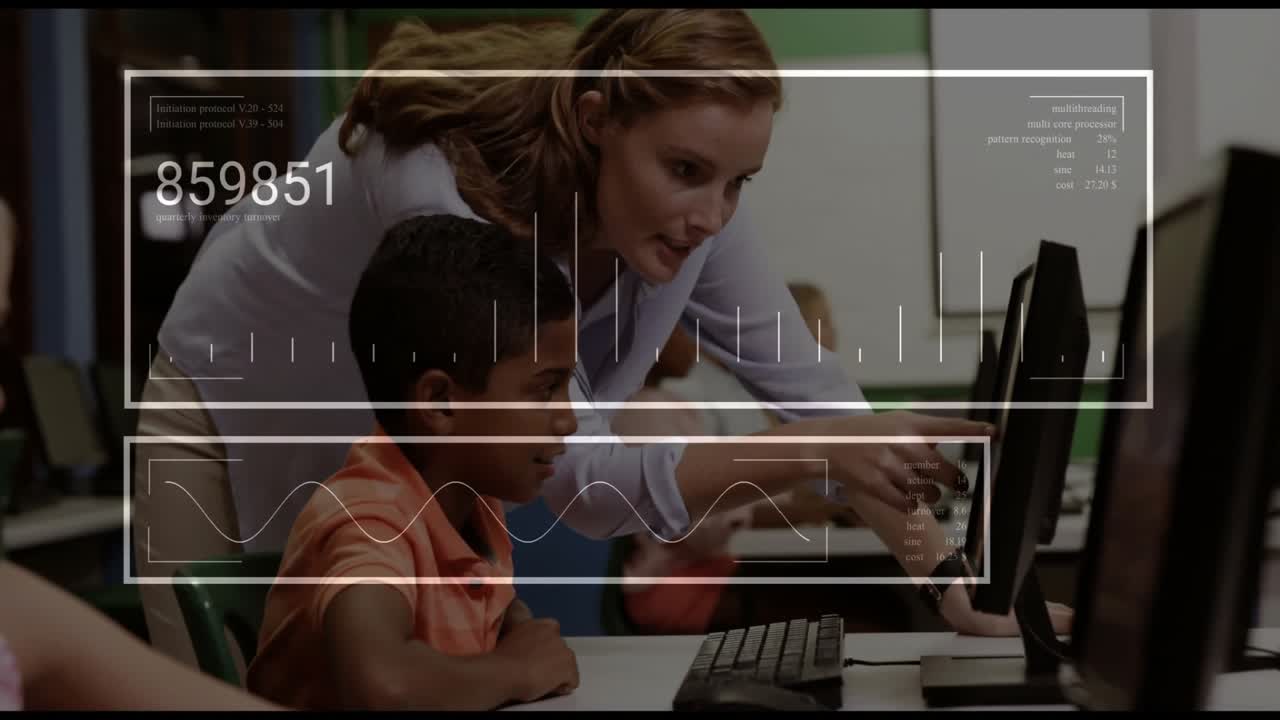 Teacher observing student monitor and guiding keyboard typing with UI frames in education lab