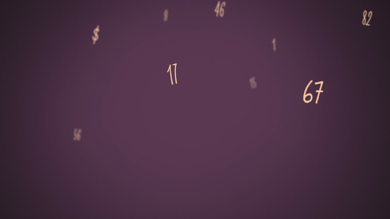 Digital animation of multiple numbers and symbols floating against purple background