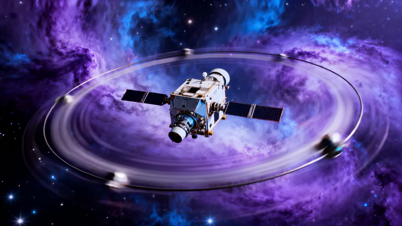 Panning camera craft rotating showing solar panels rear sensor boom drones forming ring near nebula