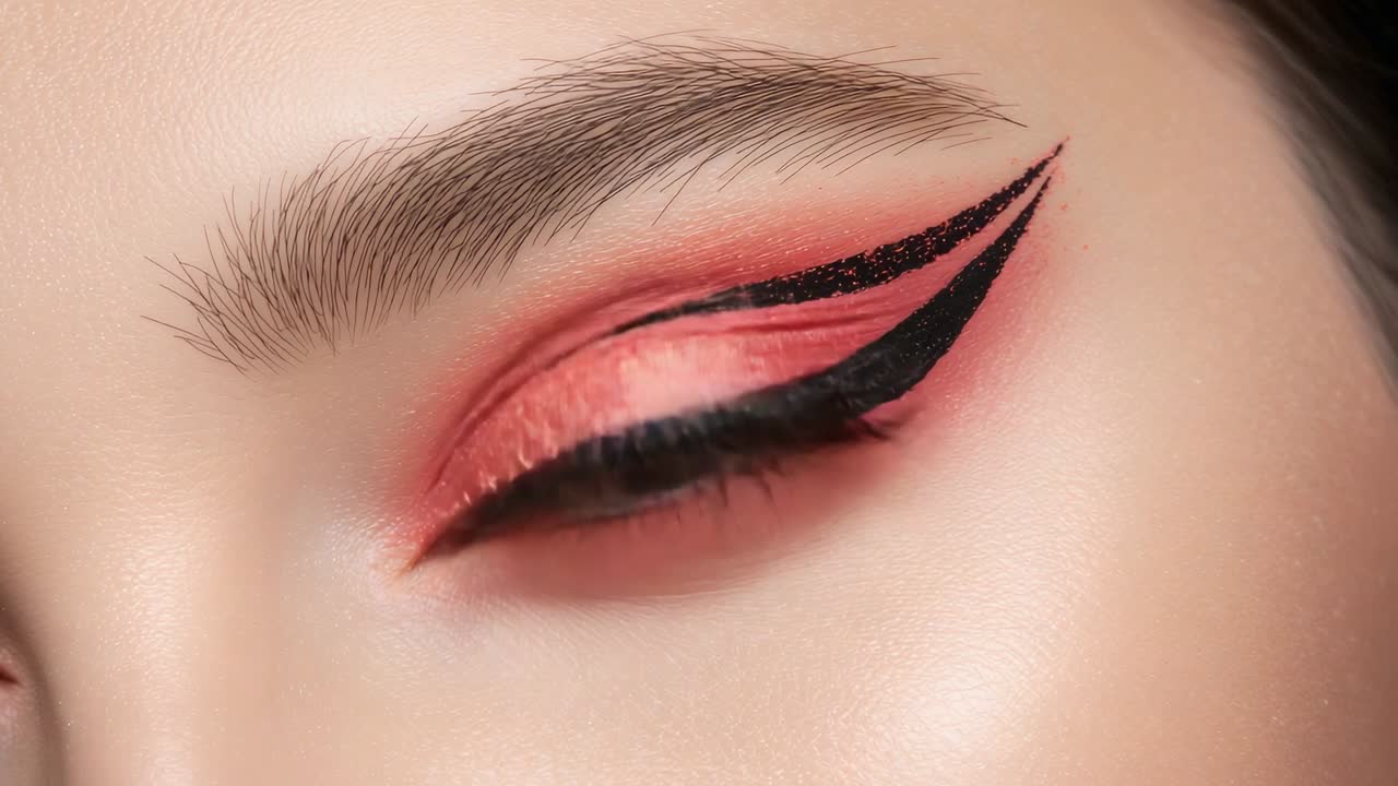 Holding model eye and opening slowly revealing coral shadow and dual winged liner in studio closeup