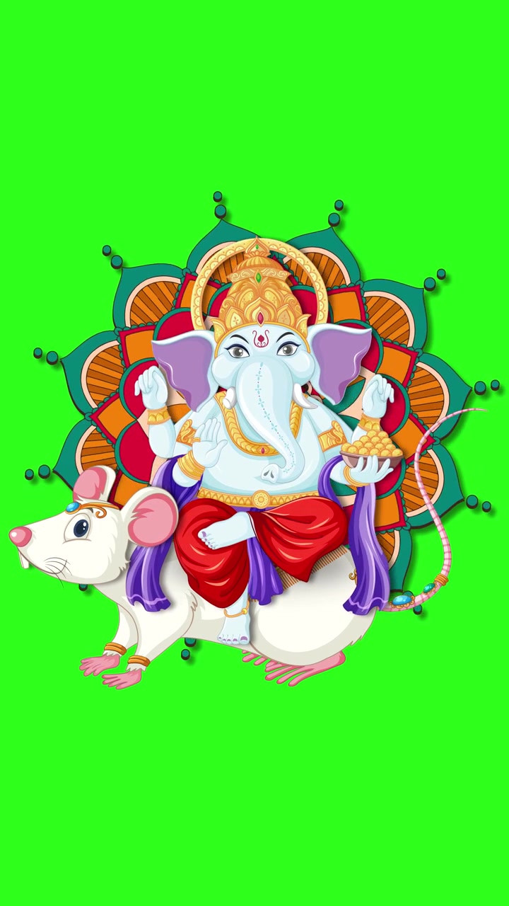 Illustrazione a cartone animato del Signore Ganesha che cavalca un topo bianco su uno sfondo a schermo verde.