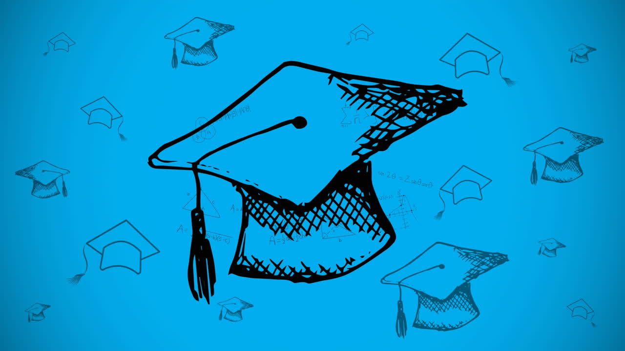 Animazione di cappelli da laurea in movimento su sfondo blu.