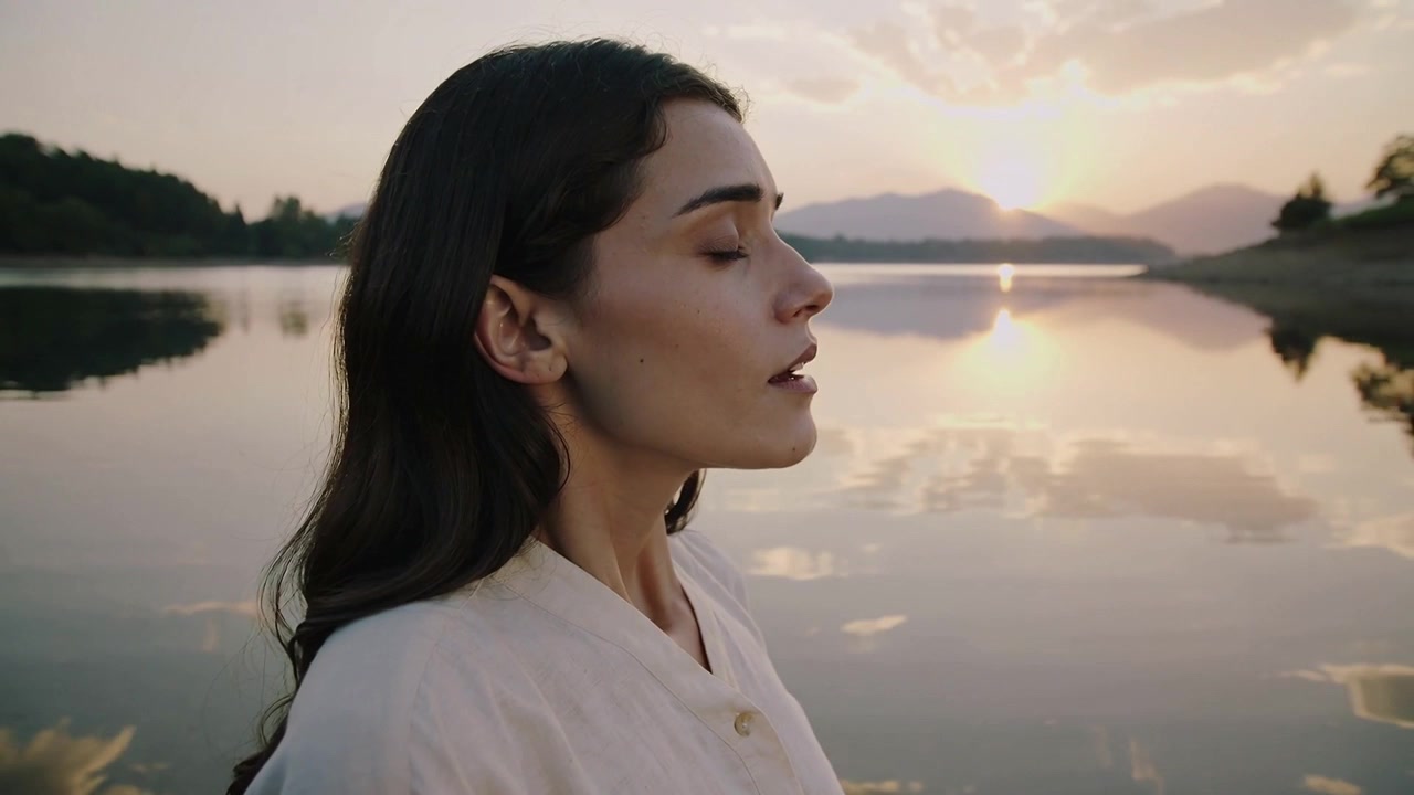 Mujer de pie con una camisa abotonada beige, respirando lentamente a orillas del lago, con el reflejo del sol y espacio para texto.