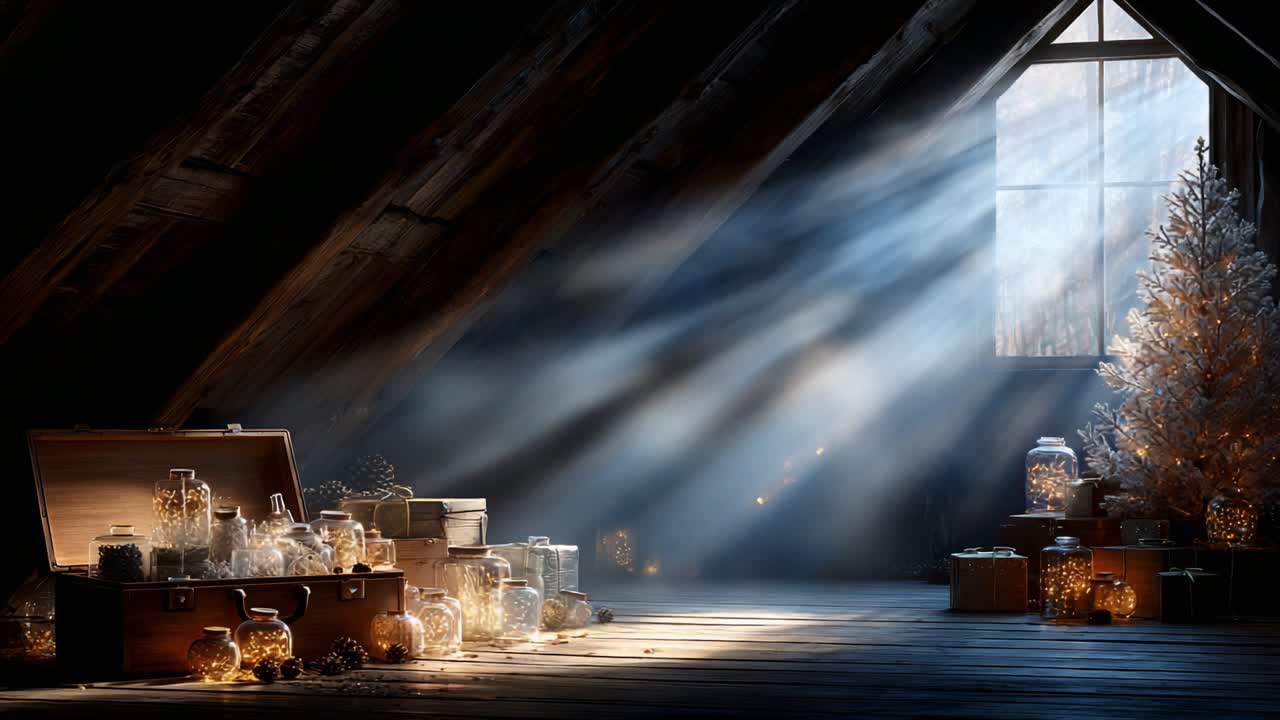 A Serene Attic Scene Awash with Soft Sunlight, Illuminating Vintage Treasures and Twinkling Lights Amidst a Nurturing Holiday Atmosphere, Creating a Perfect Winter Sanctuary of Joy and Nostalgia