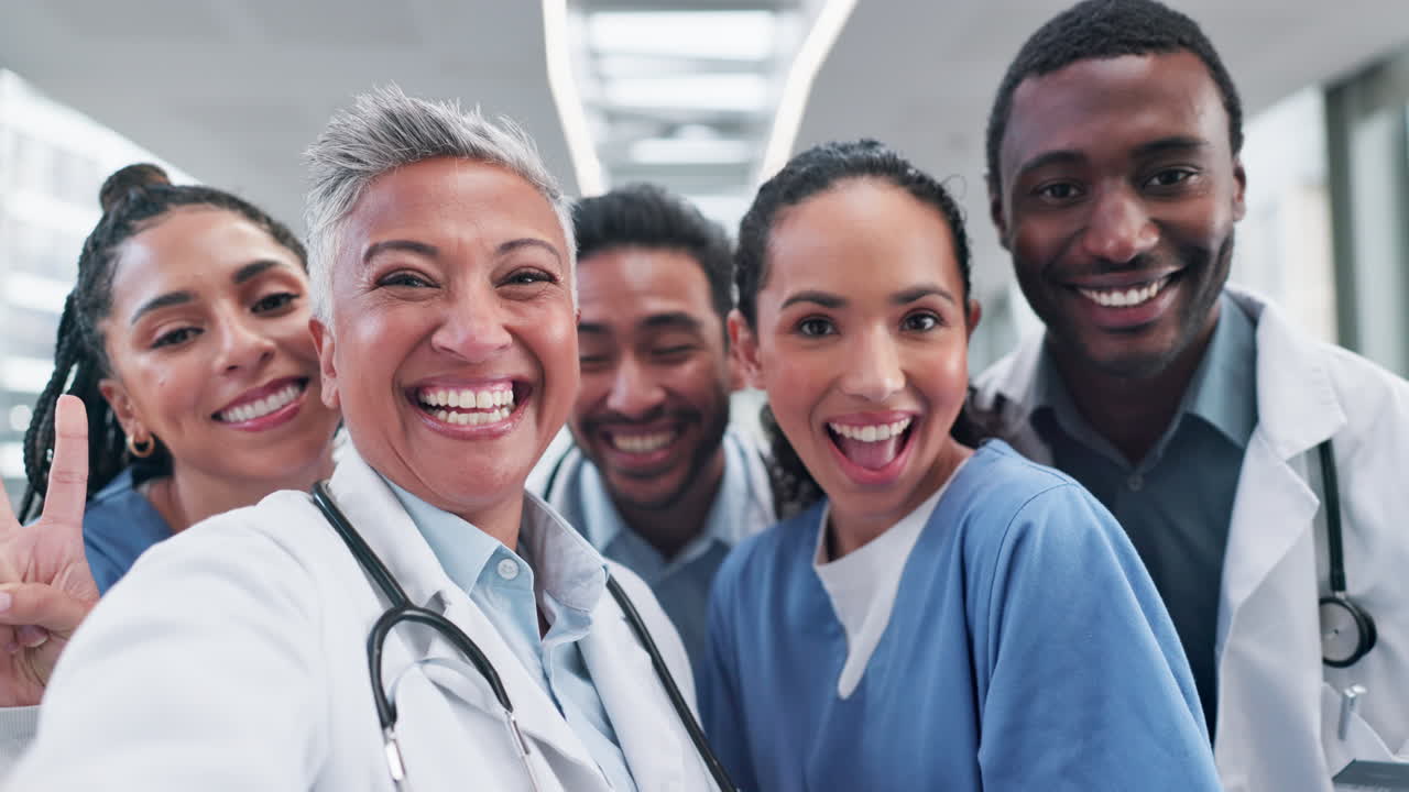 Doctor, face or team selfie at hospital for social