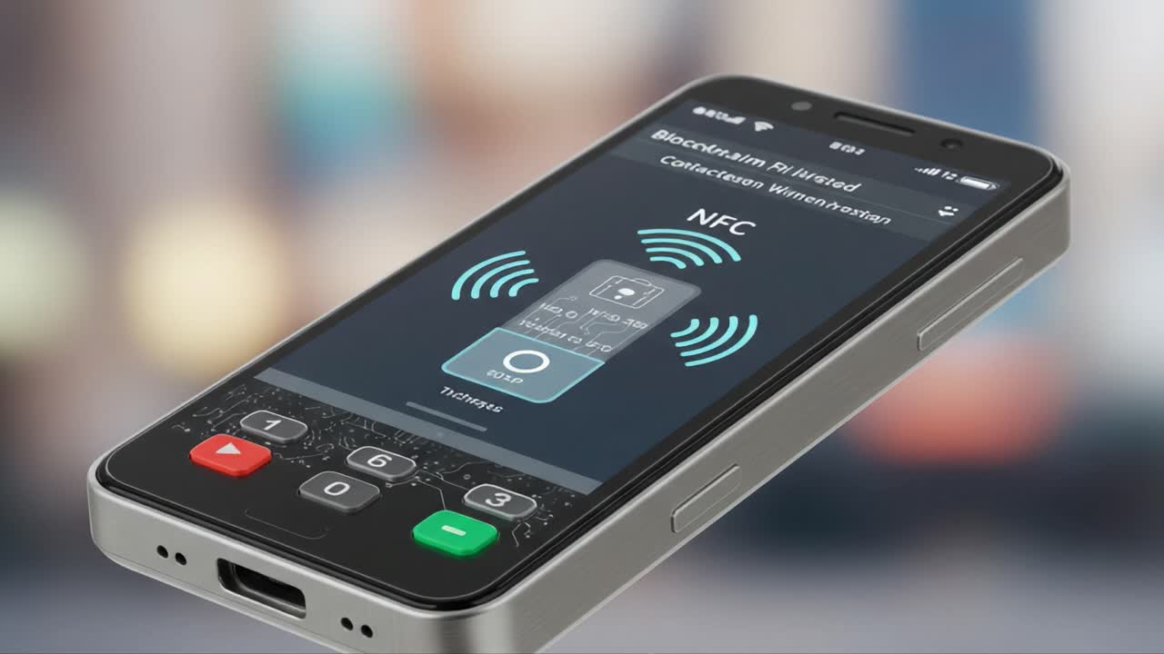 A High-Tech Mobile Device Featuring NFC Technology, Showcasing a Dynamic User Interface and Sleek Design in a Modern Urban Environment