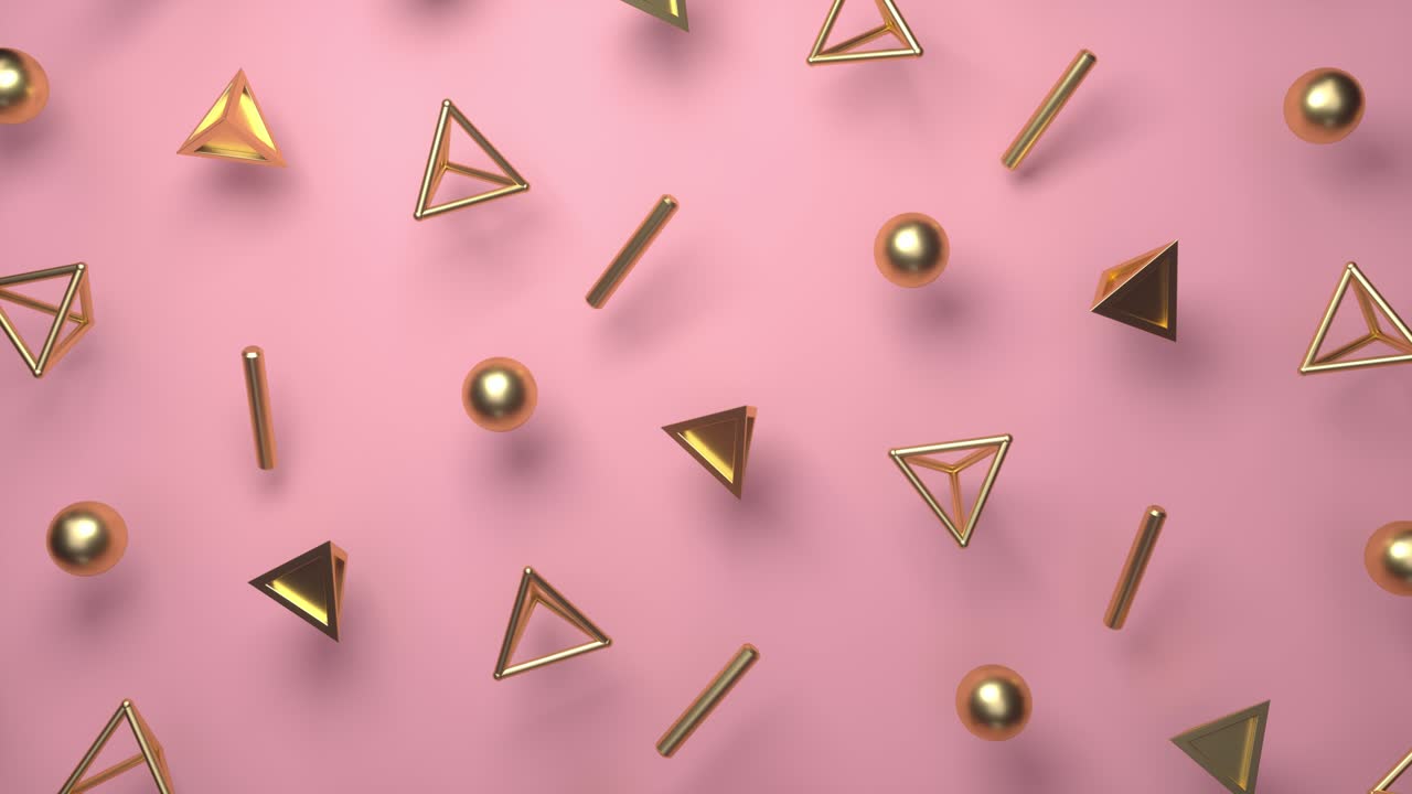 Golden rotating primitive shapes isolated on pink background