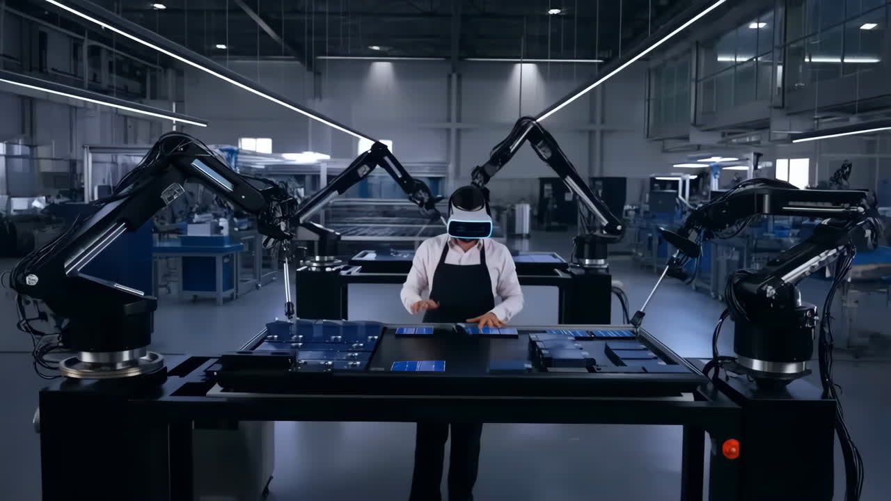 Engineer Using VR to Control Robotics in a Modern Smart Factory