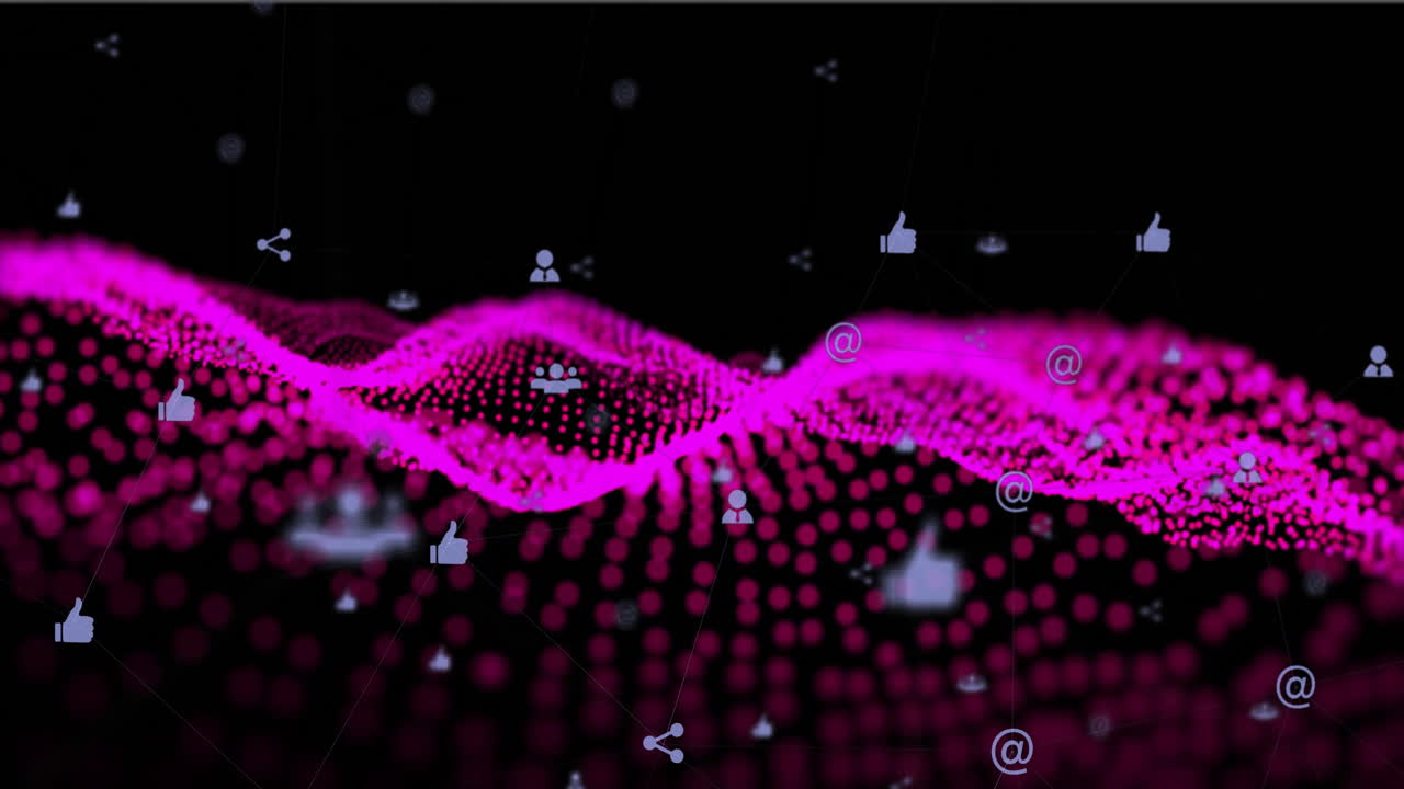 Animation of pink digital wave with social media icons floating on black background
