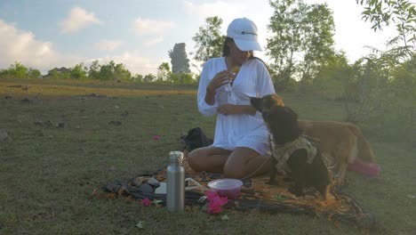 Asiatisches-Mädchen-Mit-Weißem-Kleid-Sitzt-Auf-Einer-Wiese-In-Bali-Und-Füttert-Ihre-Hunde-Mit-Snacks