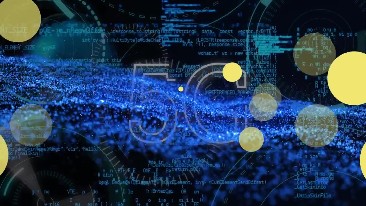 Animation of yellow dots, 5g, data processing and glitter on black background