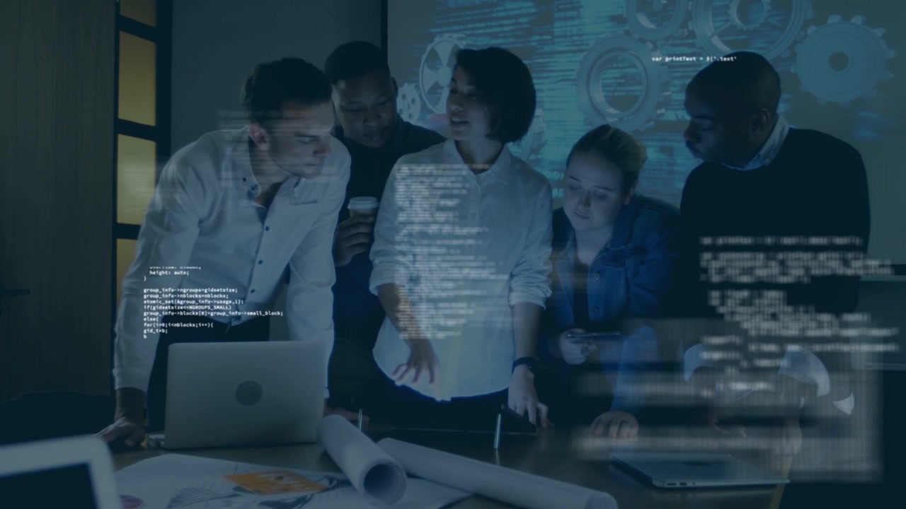Lead woman straightening pointing at plans while team leaning tapping tabs code or gear overlay for