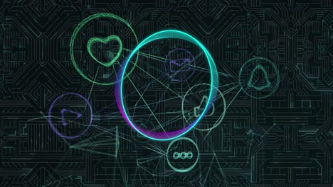 Animation-of-icons-and-circles-over-network-of-connections