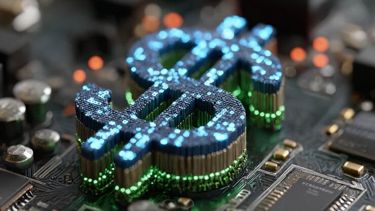 Rappresentazione della valuta digitale: un simbolo del dollaro luminoso su un circuito stampato, che evidenzia l'intersezione tra finanza e tecnologia